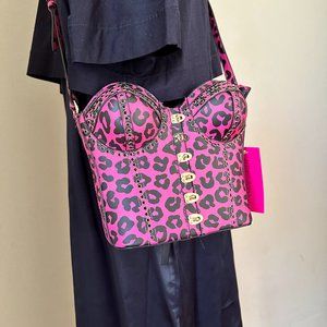 Betsey Johnson Hot Pink Cheetah Print Corset Crossbody Bag